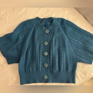 Vintage Teal Cable Knit Women's Sweater with Pearl Details and Butterfly Buttons